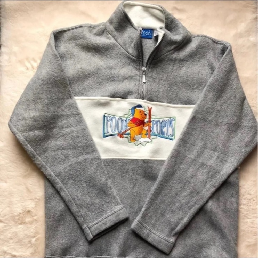 Rare Winnie the Pooh Ski 1/4 Zip Grey Fleece Pullover